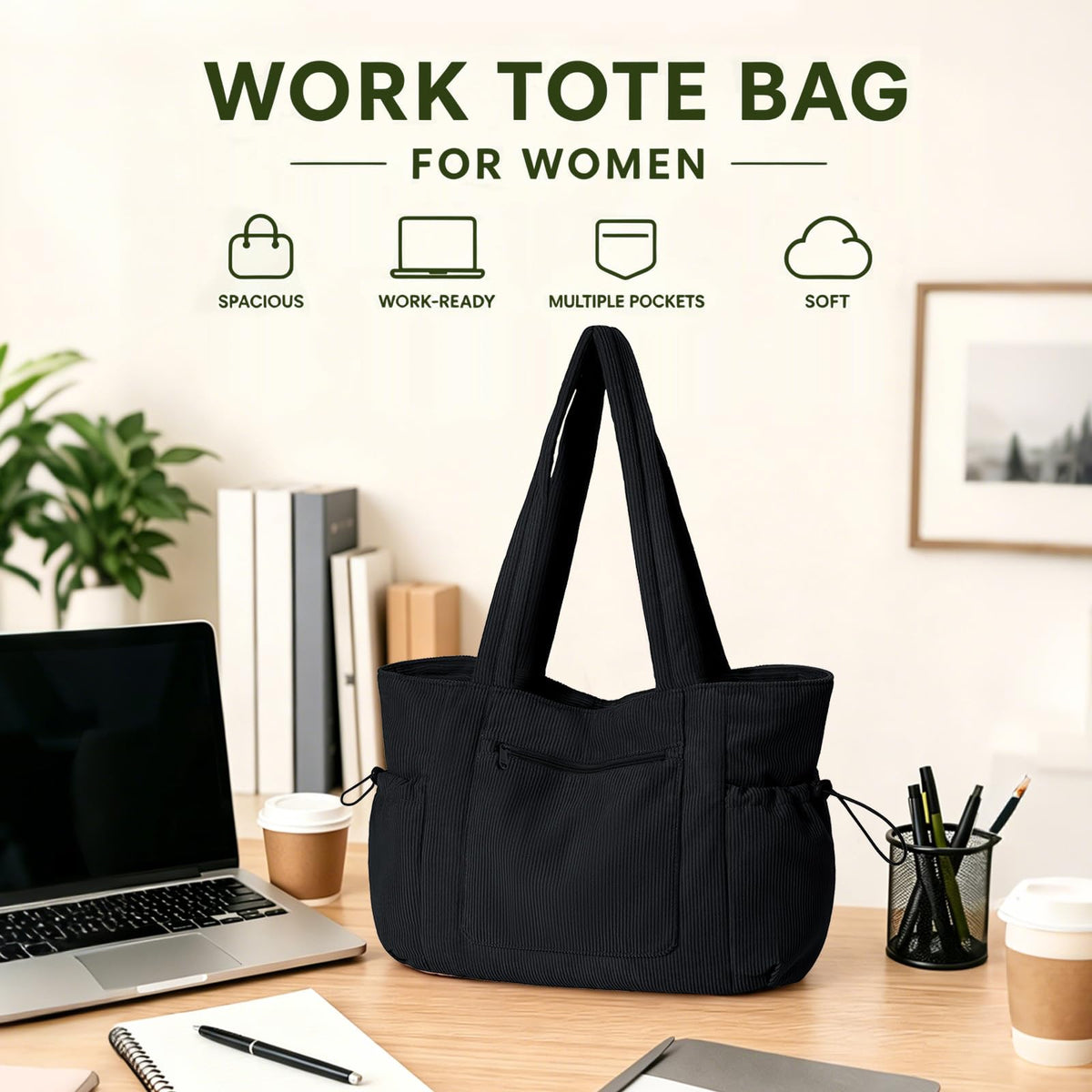 ECOHUB Oversize Work Tote Bag for Women with 40oz Cup Holder Corduroy Laptop Tote Teacher Nurse Bag for Office College Travel Black