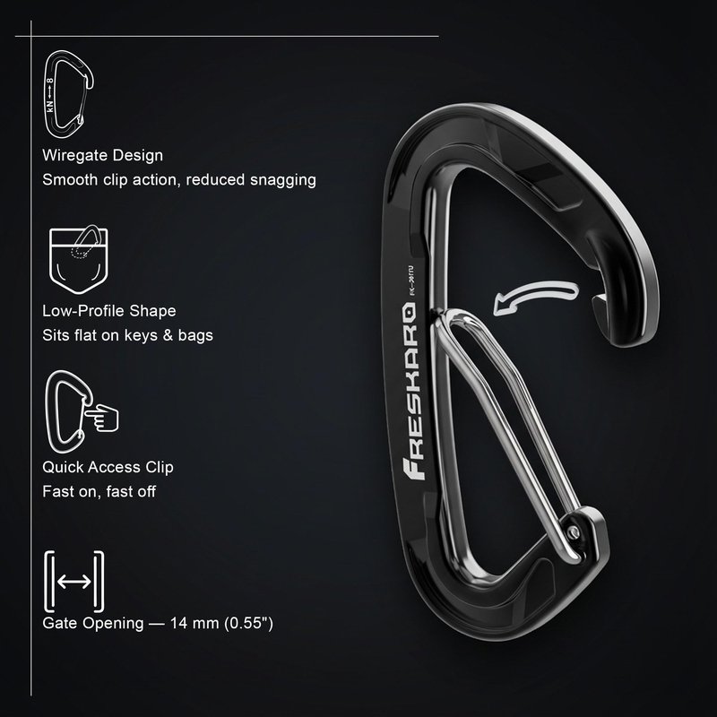 FresKaro 5pcs Nano Carabiner Clips, 8kN 1798lbs, Small Sturdy, Reliable Time-Tested Strong Spring Wiregate, Mini Size 2.37inch, Choice of 5colors