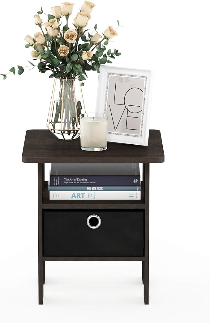 Furinno Andrey Set of 2 End Table / Side Table / Night Stand / Bedside Table with Bin Drawer, Dark Brown/Black