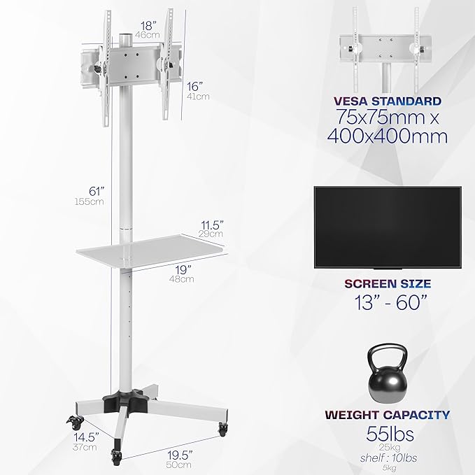 VIVO Mobile TV Cart for 13 to 60 inch Screens up to 55 lbs, LCD LED OLED 4K Smart Flat and Curved Panels, Rolling Stand with Laptop DVD Shelf, Locking Wheels, Max VESA 400x400, White, STAND-TV04MW