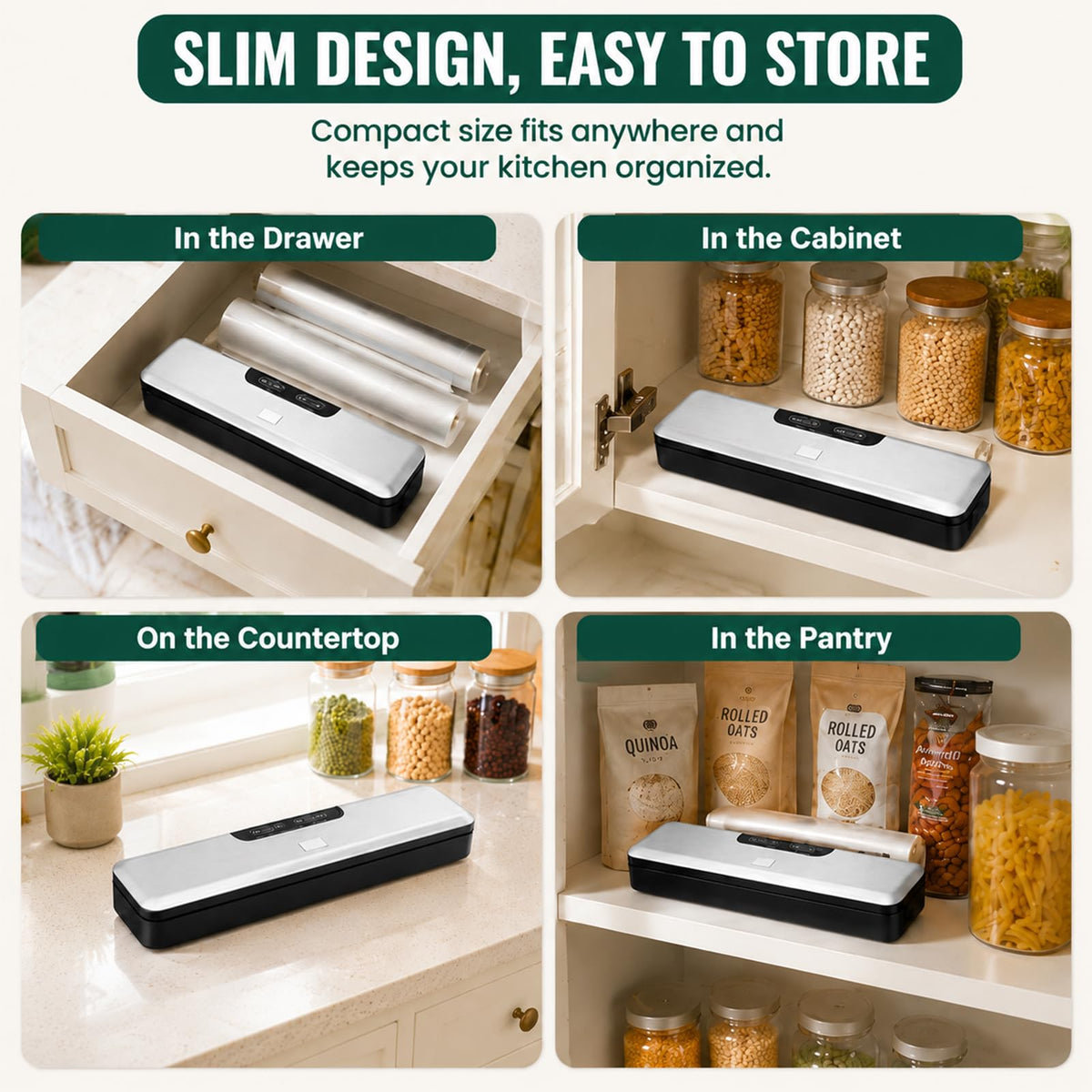 Compact Food Saver Vacuum Sealer Machine 100 Times Consecutive Works | 5mm Sealing Wire | 5 Food Modes | Portable Dry&Moist Multi-Functional Storage with 10 Vacuum Seal Bags