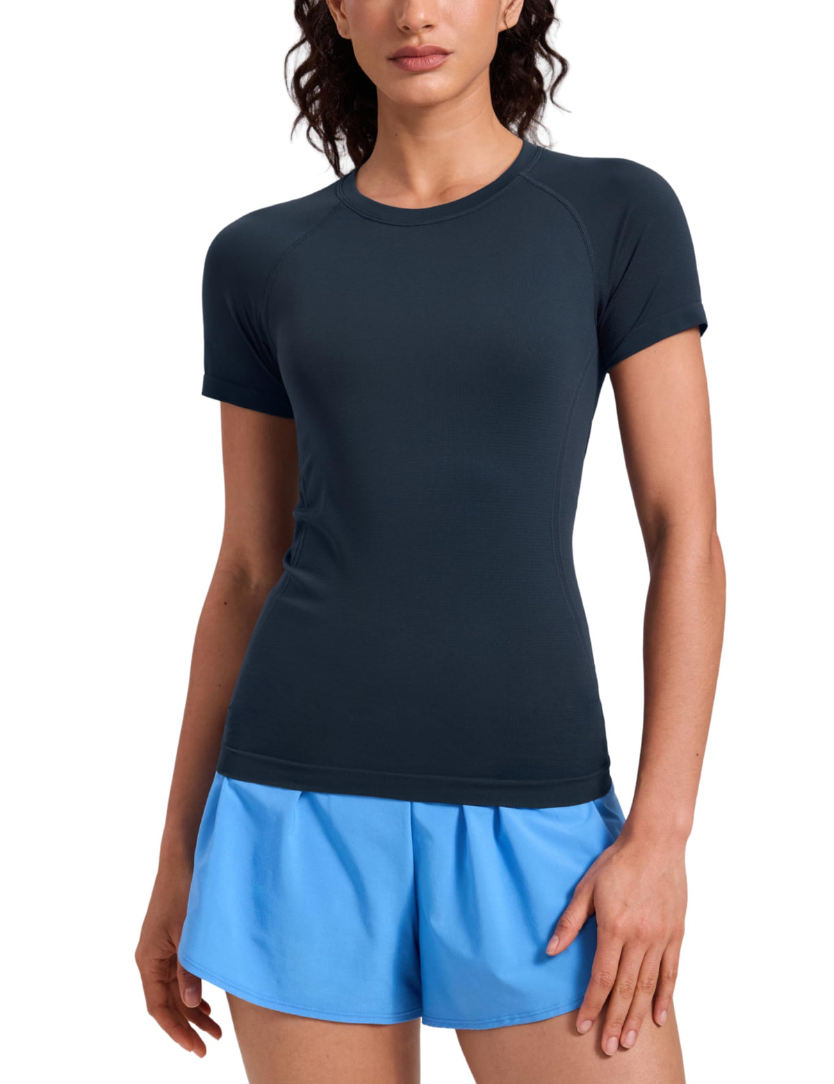 CRZ YOGA Seamless Workout Tops for Women Hip Length - Athletic Running Gym Yoga Short Sleeve Shirts Breathable Crewneck Tees Twilight Blue X-Large