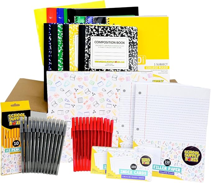 High School Writing Bundle | Case (2 Boxes) - 51 Pieces per Box | School Supply Boxes - Back to School Essentials | Includes Composition Books, Loose Leaf Paper, Index Cards, 12 ct. Pens & More