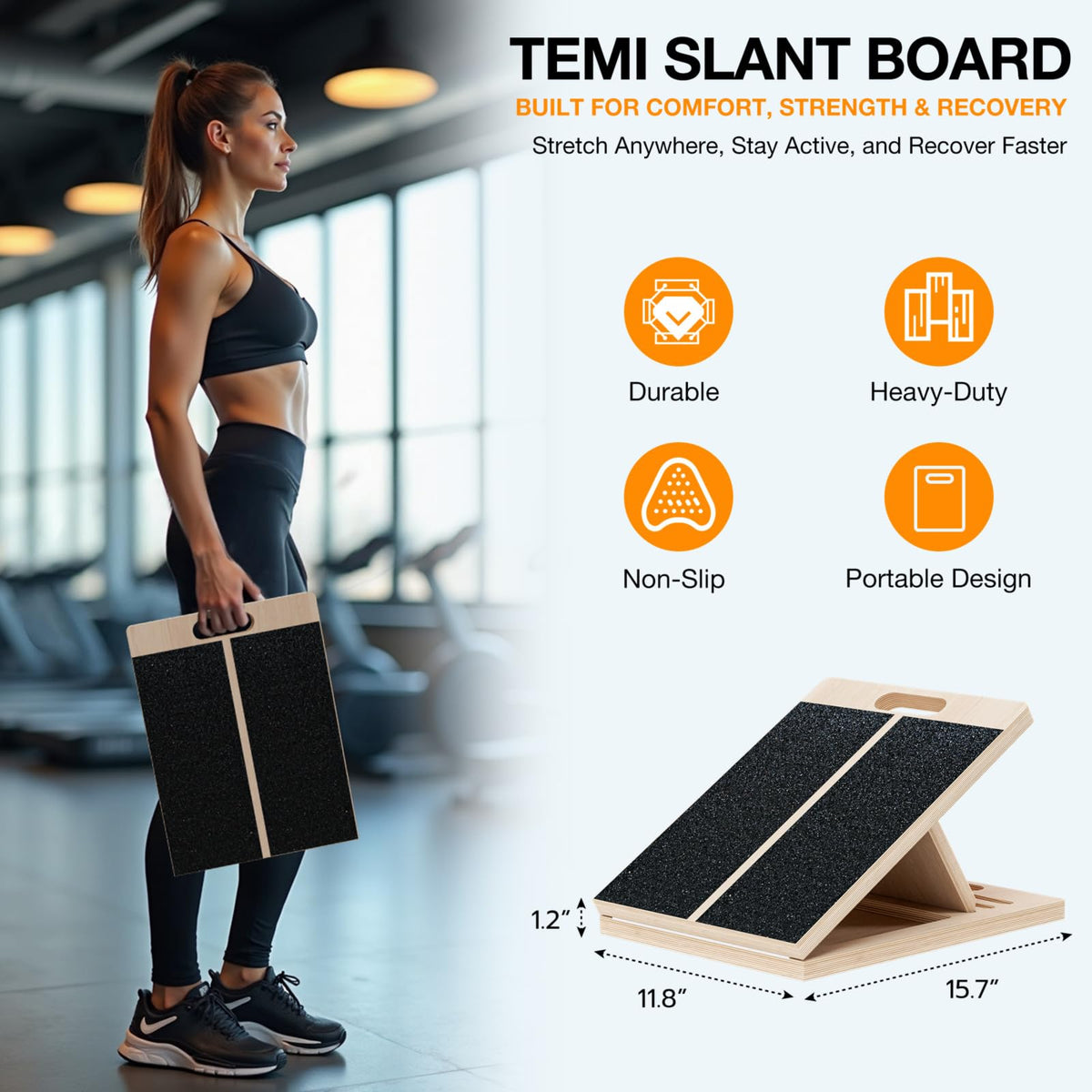 TEMI Slant Board for Calf-Stretching - Wooden Incline Wedge Stretcher for Squats, Foot & Ankle Mobility, Portable Fitness Equipment, Balance Block for Heel Stretch