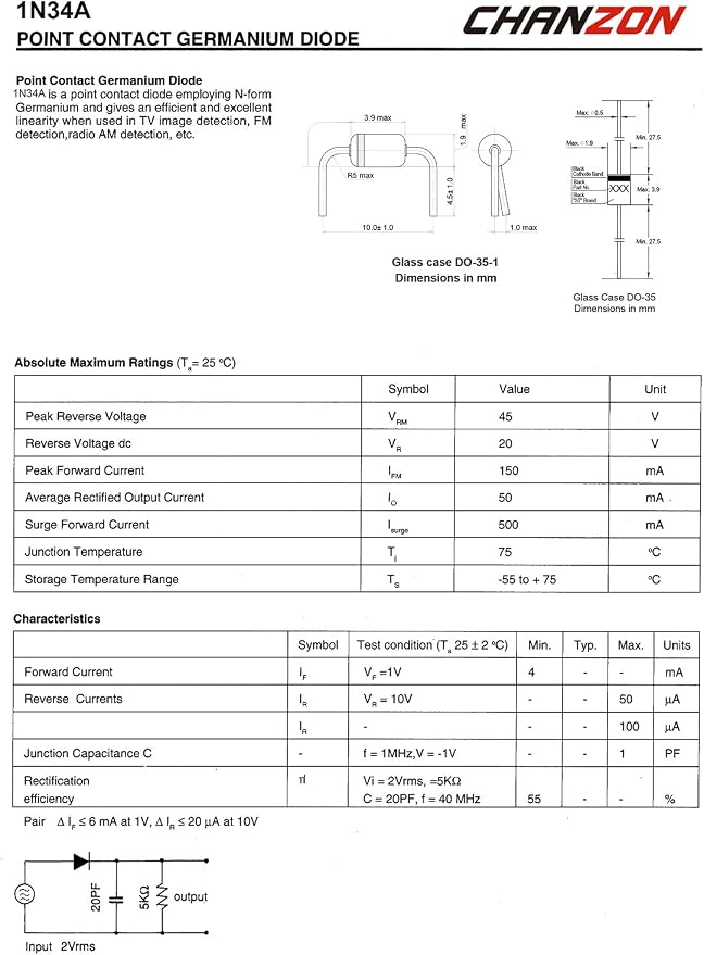 Chanzon 1N34A 1N34 Schottky Diode 50mA 65V DO-35 IN34A IN34 Axial