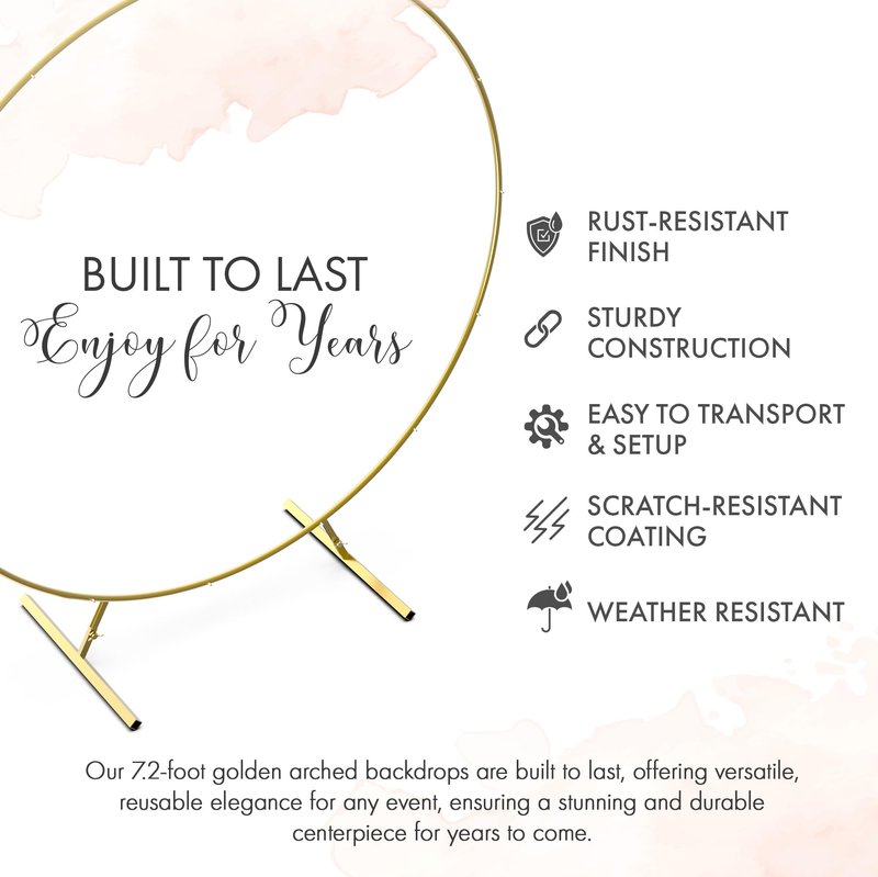Round Backdrop Stand - Rust Free Iron Made 7.2 Ft Gold Circle Backdrop Stand for Parties, Arch for Balloons - Portable & Easy to Assemble Wedding Arch Frame - Sturdy & Stable, Handles Wind Outdoors