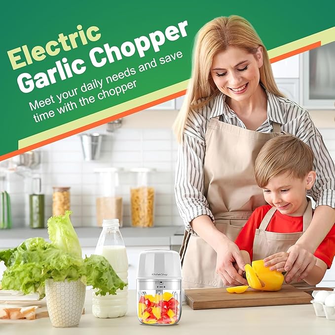 Electric Garlic Chopper, 300ML Portable Cordless Mini Food Processor, Rechargeable Vegetable Chopper Blender for Nuts Chili Onion Minced Meat and Spices (White)