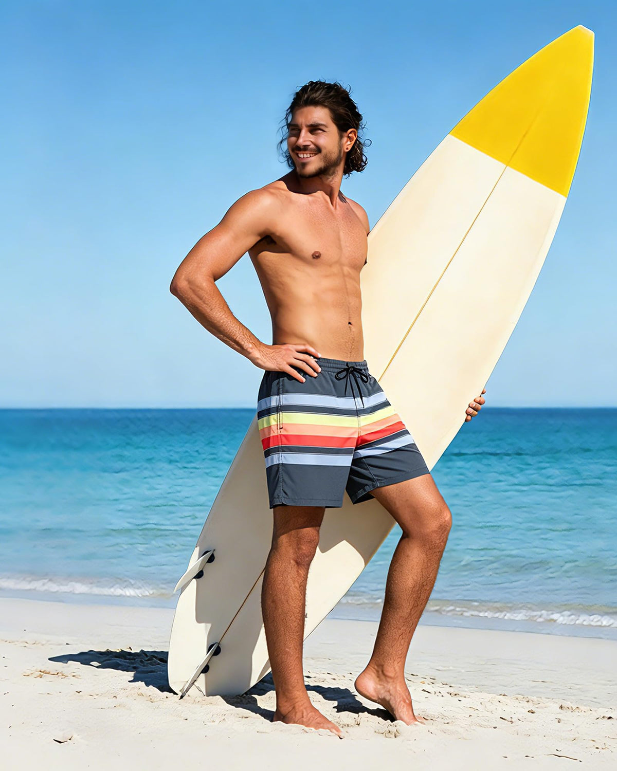 SURF CUZ Mens Swim Trunks with Compression Liner Quick Dry Swim Shorts 7" Swimming Trunks Stretch Bathing Suit 7 Inch,Sunset Stripes,L