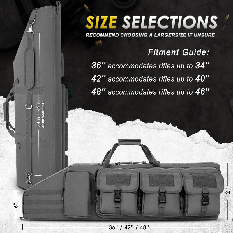 DULCE DOM Double Rifle Case 42'' Soft Gun Bag Tactical Backpack with Movable Divider for Hunting Shooting Range, MOLLE System Multiple Magazine Pouches & Accessory Bags (GREY)