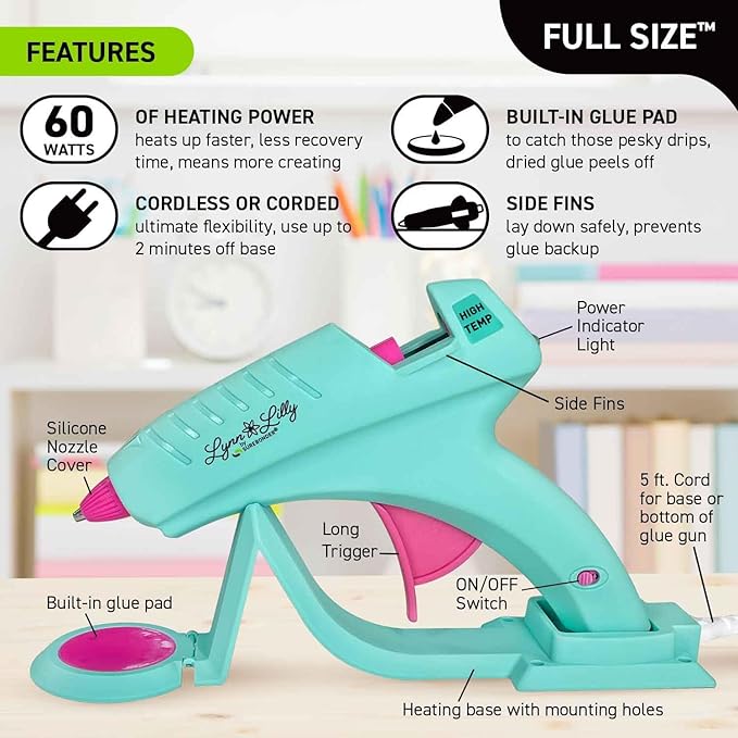 Surebonder Lynn Lilly Edition Cordless/Corded Full Size Hot Glue Gun Kit with All Purpose Hot Glue Roll and Tough High Strength Glue Sticks - Blue