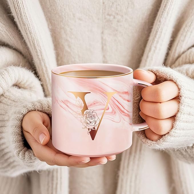 Personalized Gifts for Women Coffee Mug, Initial Customized Gift Monogrammed A-Z Coffee Mug 12 OZ, Christmas Anniversary Birthday Gifts for Women Mom Grandma Friend Sister Wife (V)