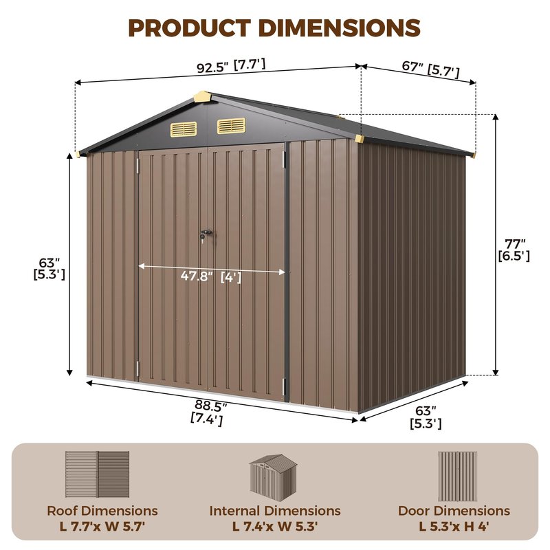 IRONCK 7.7x5.7 FT Storage Shed, Outdoor Metal Tool Shed with Breathable Vents and Lockable Doors, All-Weather Tool Storage for Patio, Outside, Poolside, Brown