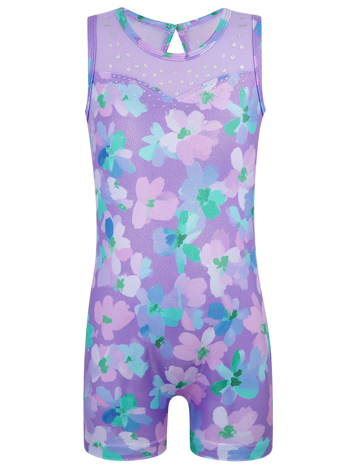 HOZIY Leotards for Girls Gymnastics Mesh Neckline with Iridescent Rhinestones Back Cut Out Sleeveless Size 6-7 Years Purple Floral Biketard Shorts Tumbling Outfits Kids Sparkly Shiny