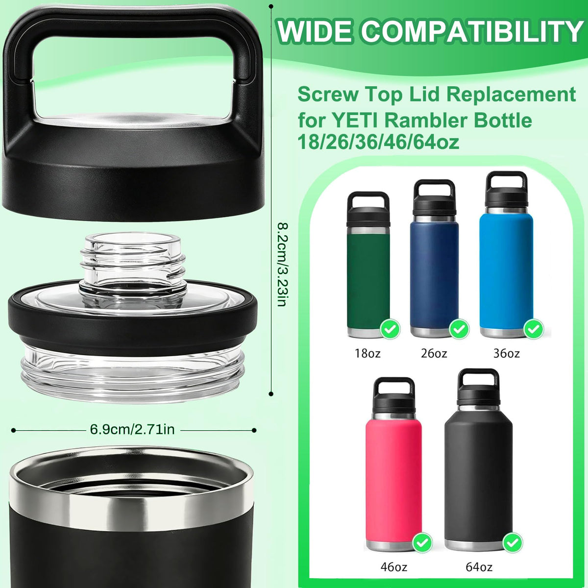Replacement for YETI Rambler Bottle Chug Cap Lid, Screw Top Lid Replacement Fits for 18/26/ 36/64 oz YetiRambler, Chug CapLid Replacement for Yeti Rambler Models