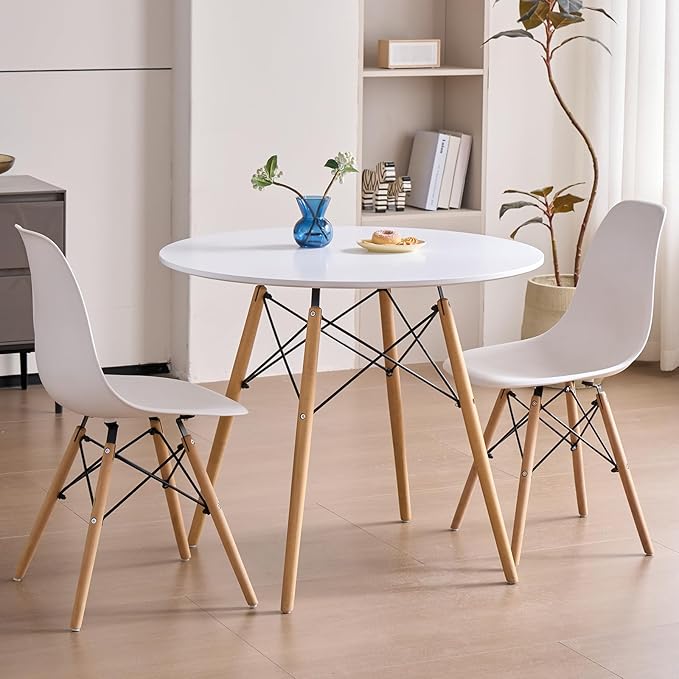 31.5'' 5 Piece Round Dining Table Set for 4, Mid-Century Modern Table with Chairs, Space Saving, Plastic Seats, Wood Legs, Circle Dinner Table for Kitchen, Home, Apartment, White