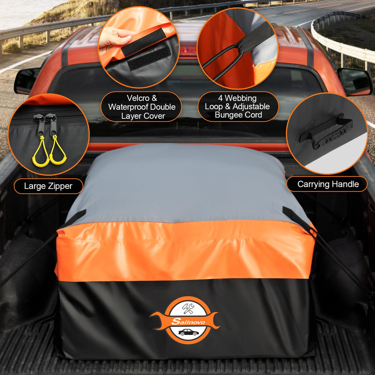 Sailnovo Truck Bed Cargo Bag, 38 Cubic ft Waterproof Cargo Bag for Truck Bed, Heavy Duty PVC Truck Cargo Bag Fits Any Truck Size with 6 Stretch Cord, Packing Bag (59''x48''x23'')