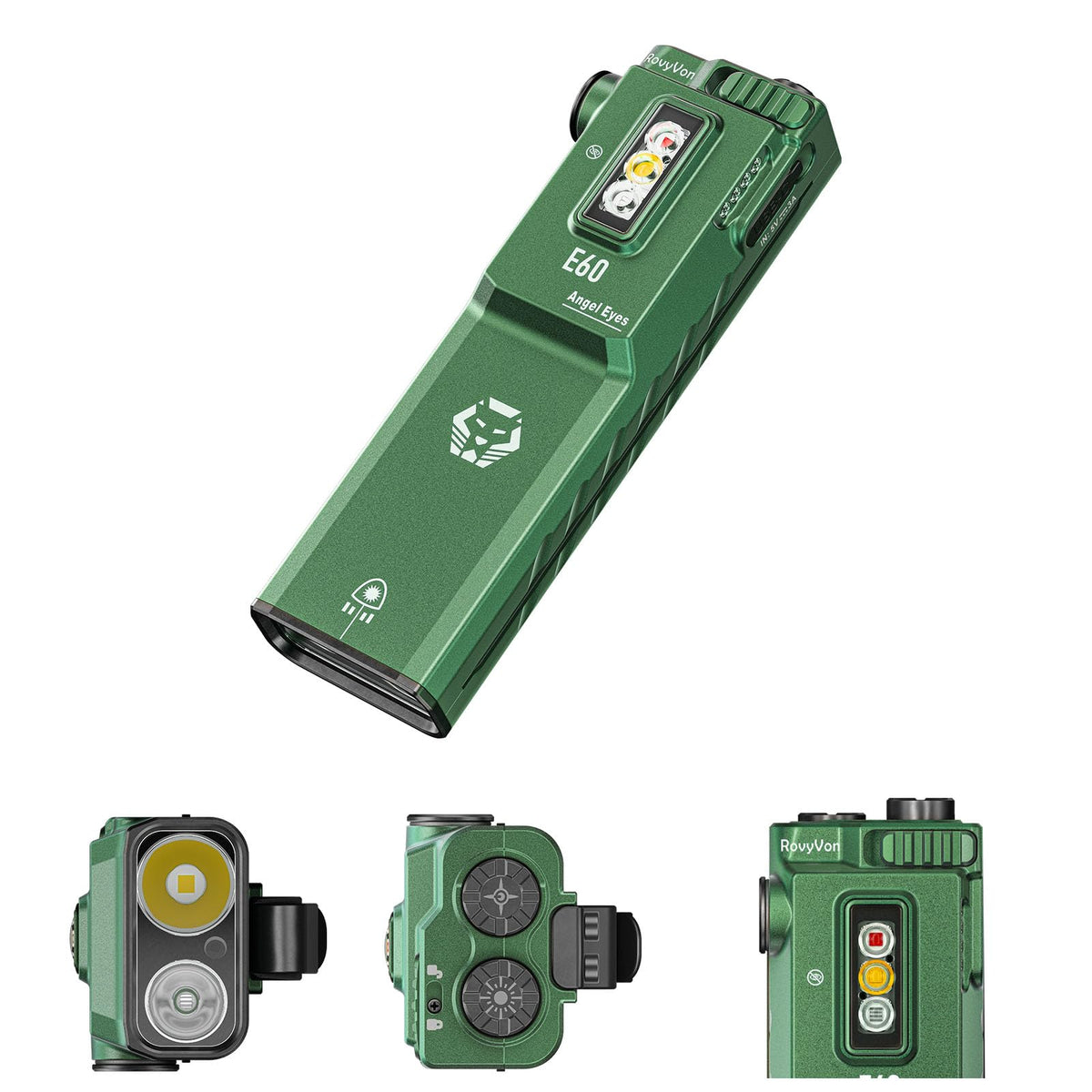 RovyVon E60 1500 Lumens Flat EDC Flashlight, 3 in 1 Green UV White Combo Compact Pocket Light, USB C Rechargeable with UV Red White Sidelight for Hiking,Traveling, Signaling, Camping