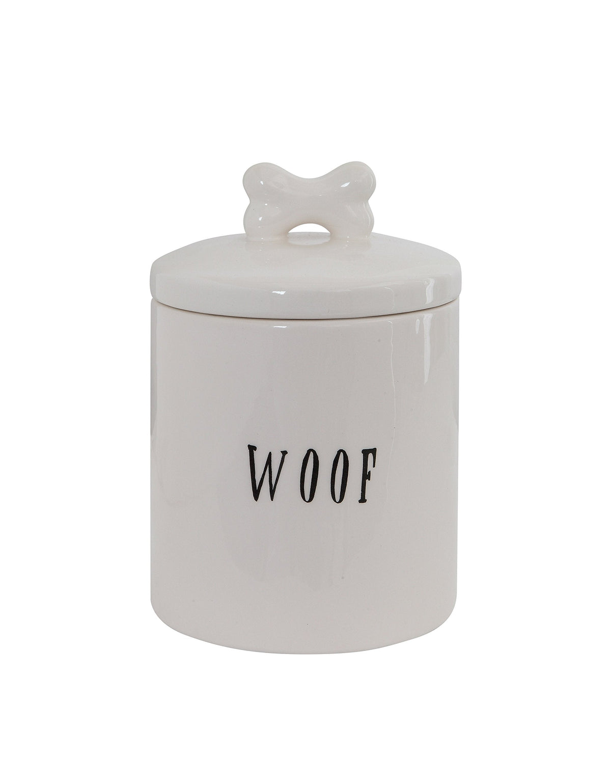 Creative Co-Op Ceramic Dog Treat Jar with Woof Message and Bone Handle Lid, White and Black