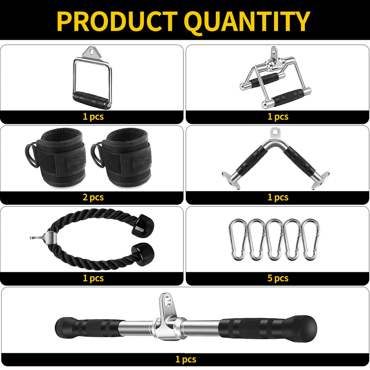 WNOEY Cable Machine Attachment, LAT Pulldown Attachments, Home Gym Accessories, Triceps Pull Down Attachment (V Handle + Row Handle + Rotating Bar + Tricep Rope + Ankle Straps + D Handle)