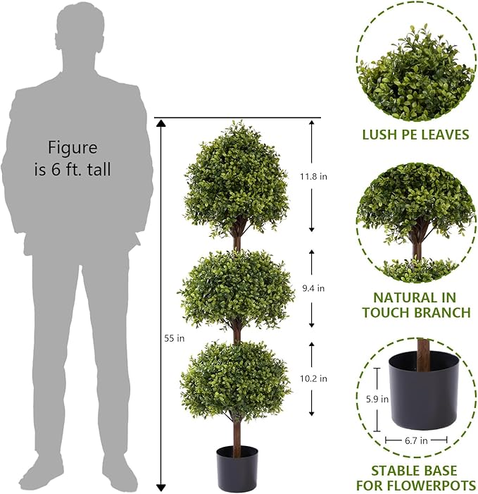THE BLOOM TIMES 55" Tall Artificial Boxwood Triple Ball Topiary Trees, UV Resistant Large Fake Potted Plants for Outdoor Planter, Realistic Faux Bushes Shrubs for Front Porch Outside Decor Set of 2