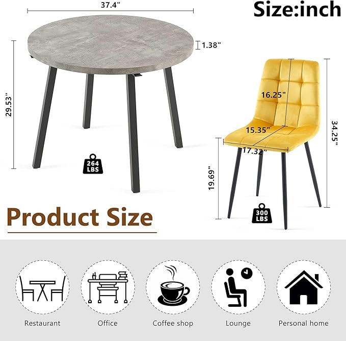Modern Kitchen Table Set with 4 Chairs, Grey Faux Wood Table with Hooks, Upholstered Velvet Yellow Dining Chairs for Restaurant, Dining Room