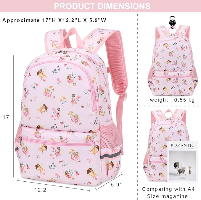 DSIUE Kids Backpack for Girls Elementary BookBags Teens School Backpack with Lunch Box Flower Fairy Pink