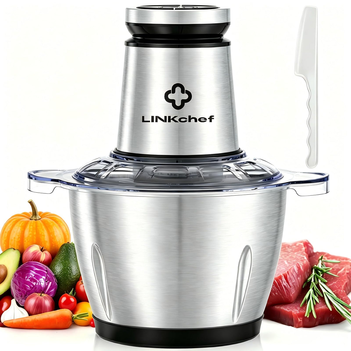 LINKChef Food Processor Small, 10 Cup Food Chopper with Container, 2.3L 600W Electric Meat Grinder for Home Use, Stainless Steel Mini Food Processor for Kitchen, Vegetable, Onion, Garlic, Salad