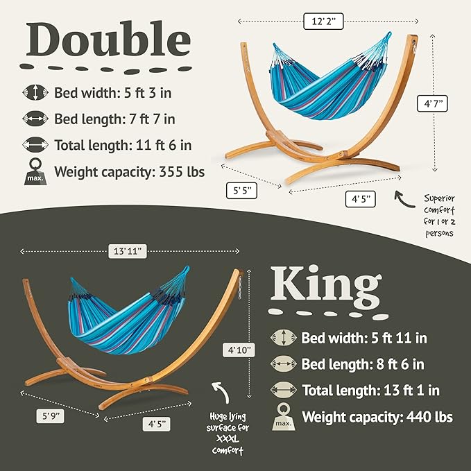 LA SIESTA® - Large Double Brisa Classic Hammock & Elipso Stand - Larch Wood Hammock Stand - Weather & Tear Resistant - Backyard Outdoor Hammock with Stand - 2-Person, Max 355 Lbs, Wave