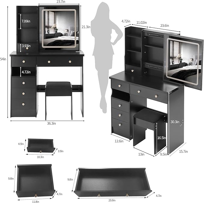 37" Vanity Desk with Mirror and Lights, Makeup Table with Led Lights and Sliding Mirror, 3 Lighting Colors, Vanity Set with 6 Drawers and Stool for Bedroom, Black