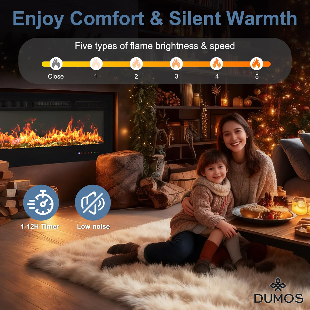 DUMOS 36 Inch Electric Fireplace Wall Mounted/Recessed/Free Standing Space Heater with Remote Control Adjustable Flame Colors Touch Screen Energy Saving, Black