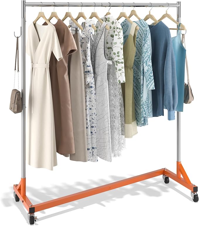VEVOR Z Rack, 300 lbs Industrial Grade Z Base Garment Rack, 24" x 63" x 71" Clothes Rack, Sturdy Steel Heavy Duty Clothing Rack w/Lockable Casters for Home Garment Store Orange