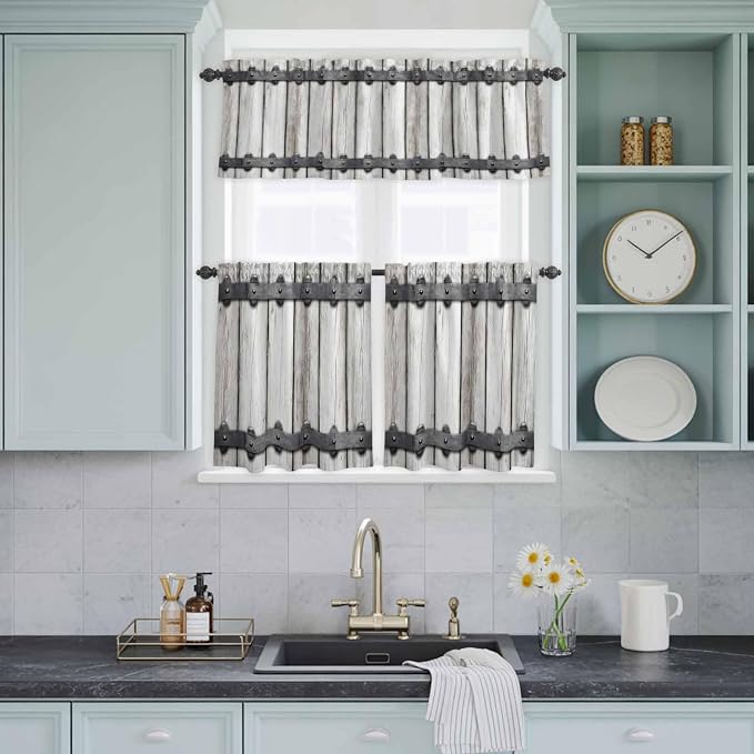 Farmhouse Rustic Kitchen Curtain Set, Vintage Country Wooden Grain Window