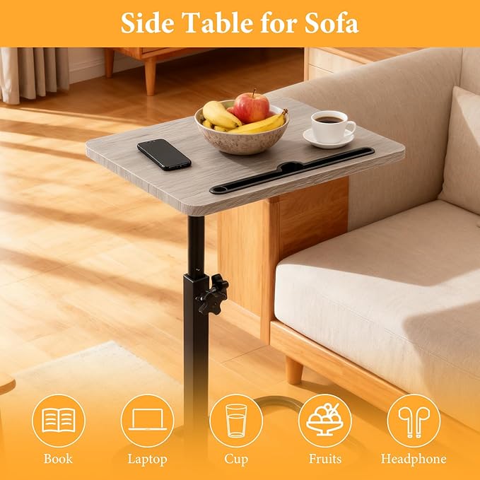 jessie Tv Tray Table, Adjustable Tray Table for Couch 360° Swivel C Shaped End Table with Phone Tablet Slot for Living Room, Sofa, Bedside, Bathroom (Gray)