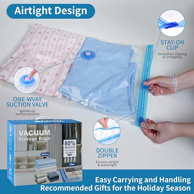 Vacuum Seal Bags for Clothing Travel, Large Space Saver Storage Bags (15 Pack) - Thickened Waterproof Compression Packing Cubes for Luggage, Mattress & Blanket Storage, Hand Pump Included