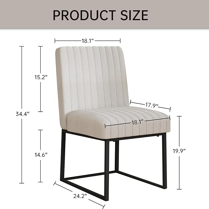 VKNOW Upholstered Dining Chairs Set of 6, Modern Dining Room Chairs with Stripe, Linen Kitchen Chair Dinner Chair with Black Metal Base for Kitchen Office, Beige