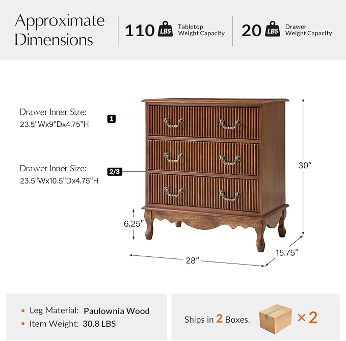 HULALA HOME Transitional Side Table Set of 2 with 3 Drawers and Charging Station, 28" Solid Paulownia Wood Sidetable with Vertical Stripe, Cherry