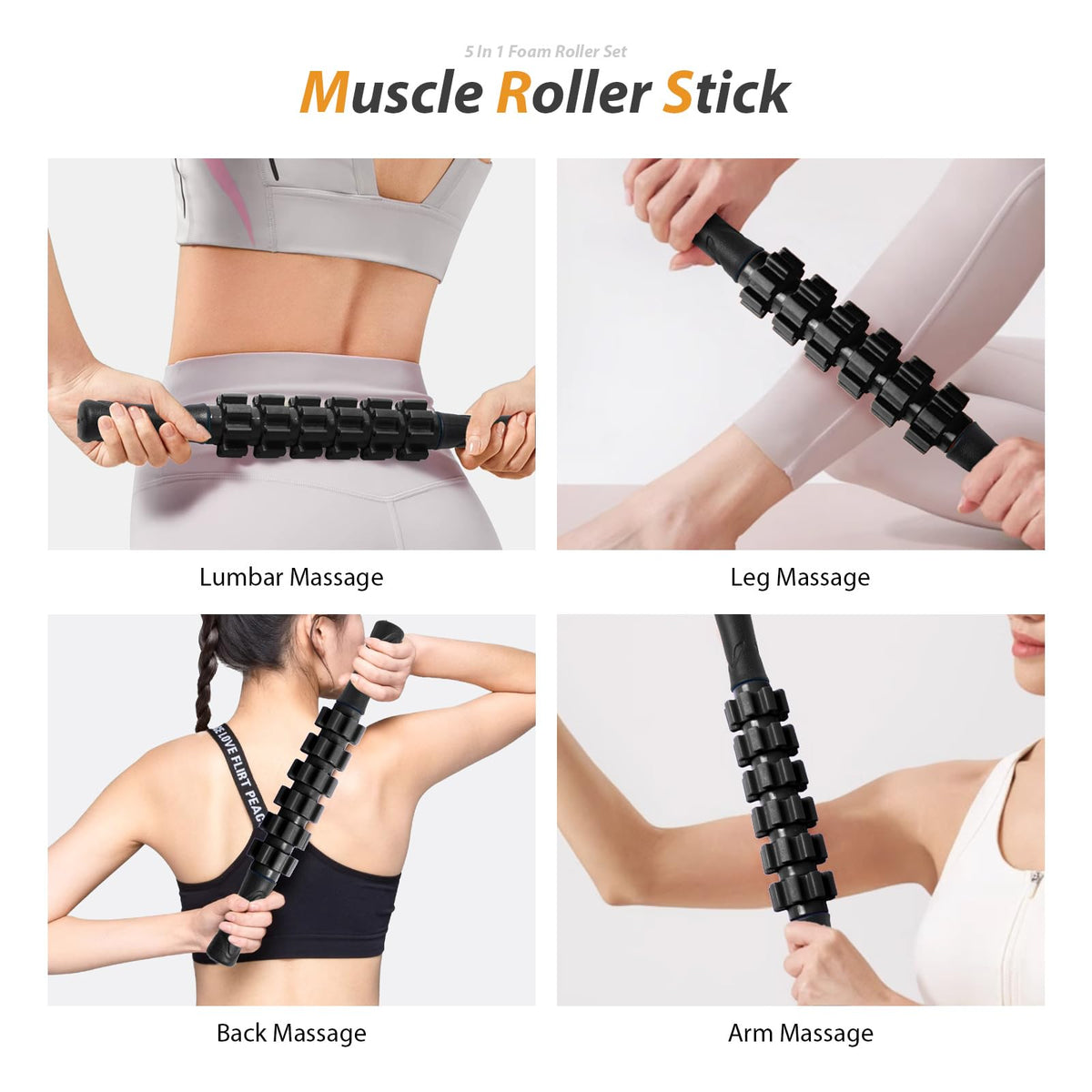 5 in1 Foam Roller Set, Trigger Point Foam Roller, Massage Roller Stick, Massage Ball, Resistance Band for Deep Muscle Massage Pilates Yoga,Fitness Exercise for Whole Body (Violet)