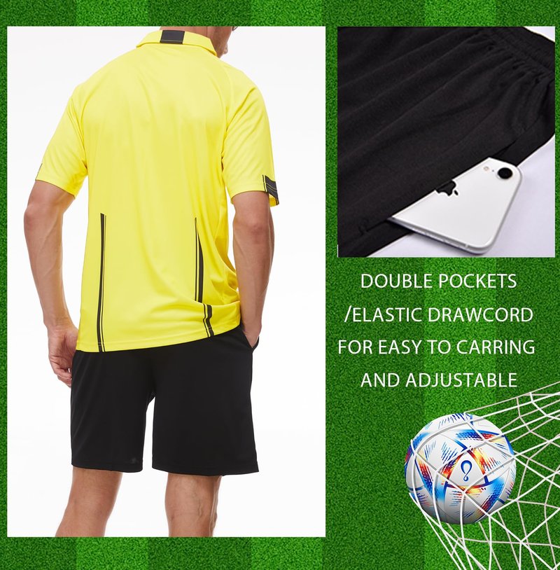 5Pcs Soccer Referee Shirt Jersey Kit Official Short Sleeve Ref Shirts Uniform Halloween Costume for Men & Women Yellow S