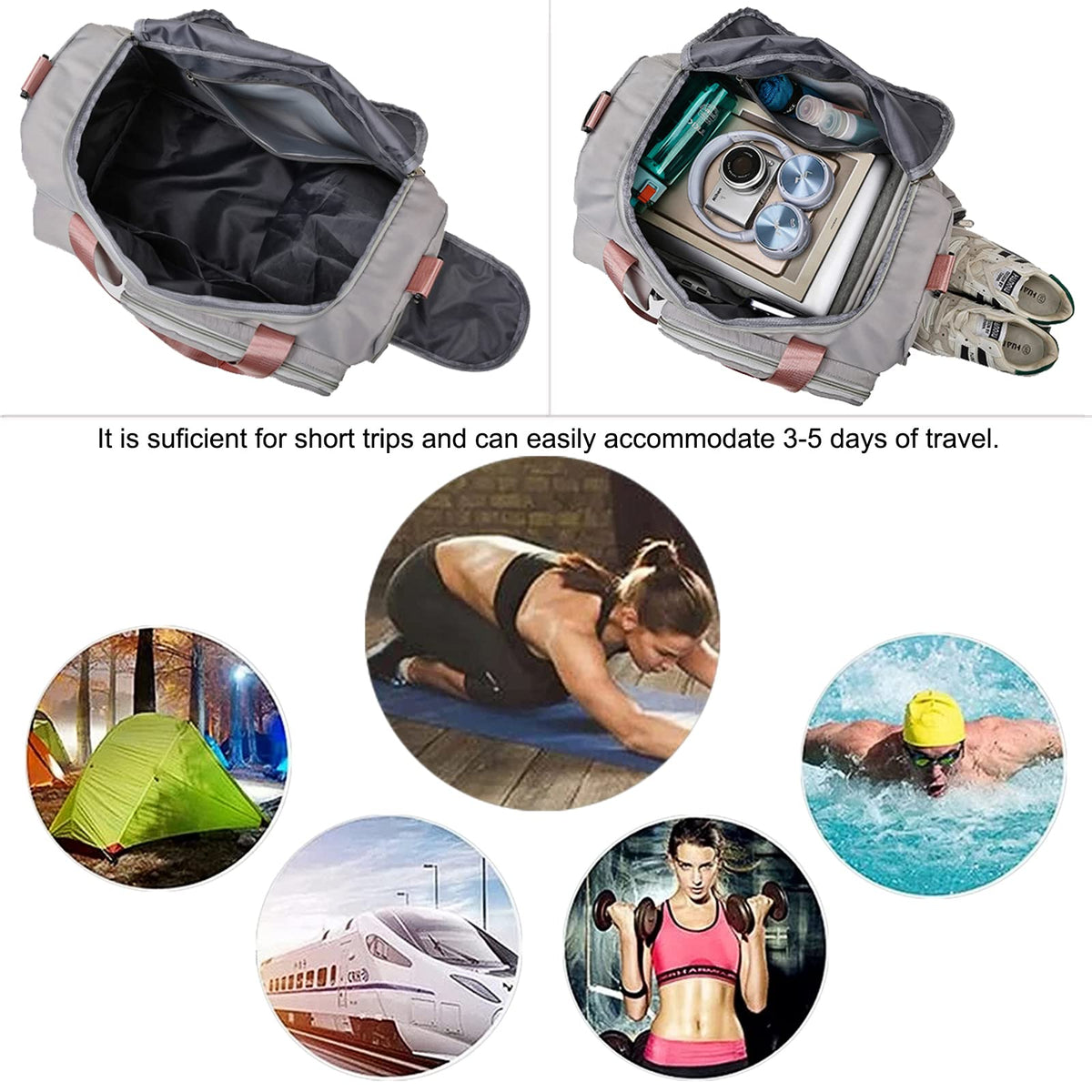 Gym Bag for Women, Dance Bag, Overnight bag, Foldable Travel Duffel Bag, Gym Bag with Wet Pocket & Shoes Compartment, Hospital Bag, Small Luggage Bag for Women and Man (Black+Toiletry Bag)