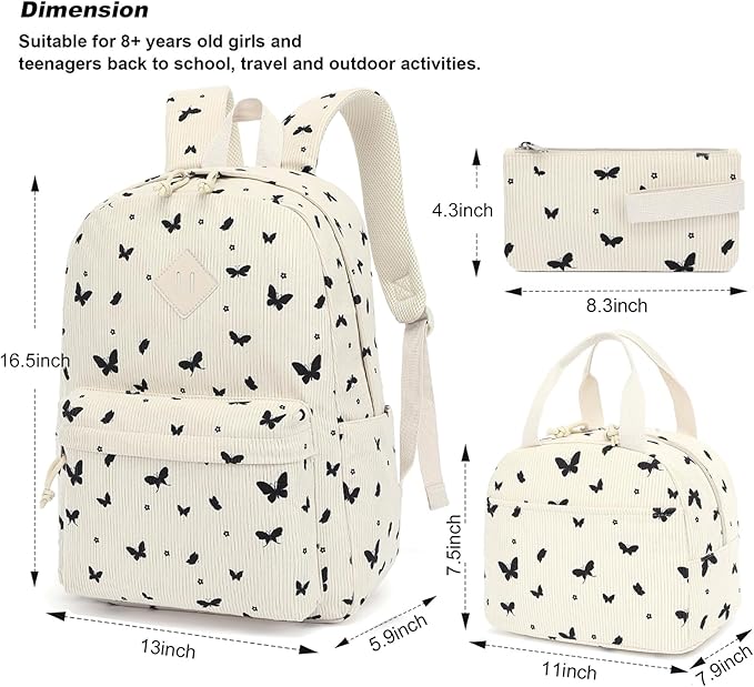 Corduroy Girls Backpack Set, 3PCS School Backpacks for Kids Elementary Middle School Bags with Lunch Box Pencil Case (Beige Corduroy Butterfly)