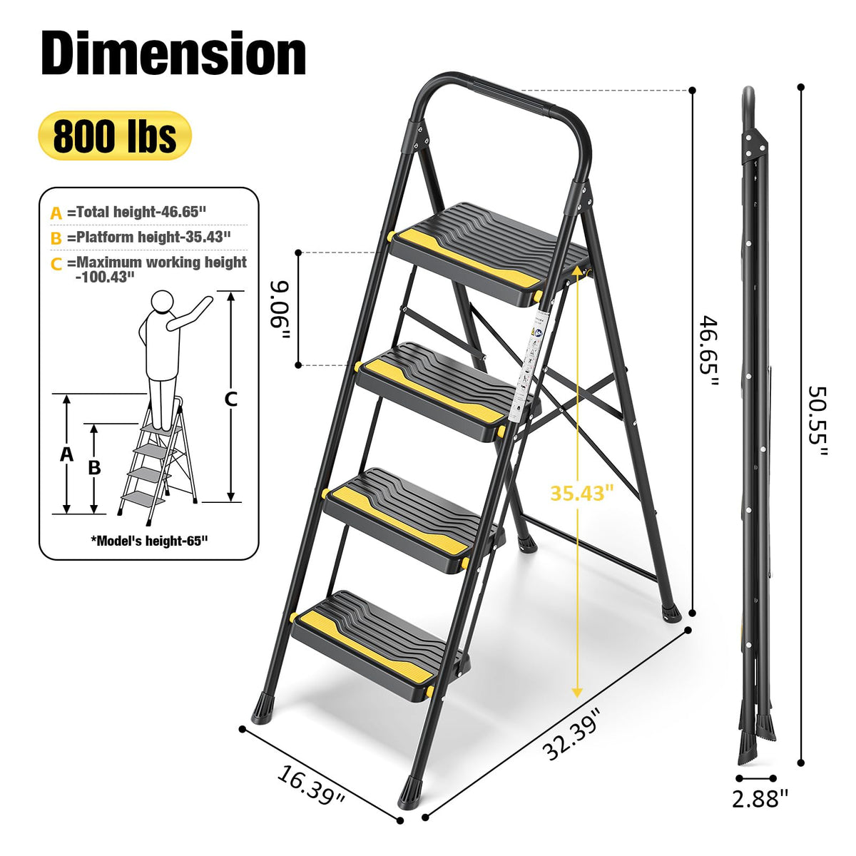 Urackify 4 Step Ladder, Heavy-Duty Pass 800lb Capacity Test, Wide Anti-Slip Steps & Secure Handrail Compact, Folding Step Stool Portable Design for Home, Kitchen, Office, Pantry, Closet Use, Black