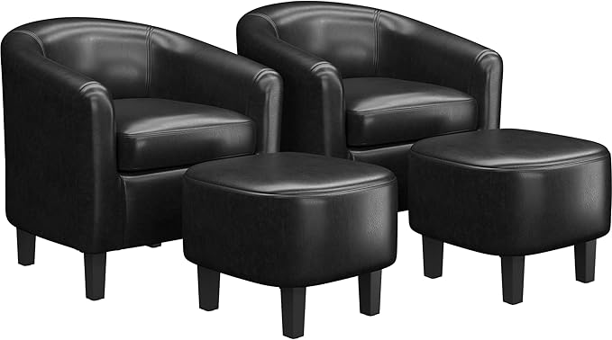 Yaheetech Accent Chair with Ottoman Foot Rest, PU Leather Mid Century Modern Upholstered Soft Barrel Chair Comfy Armchair and Footrest Set for Living Room/Bedroom/Reading Room, Set of 2, Black