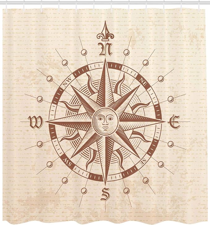 Ambesonne Compass Shower Curtain, Old Compass Rose a Sun Face Lady on It Instrument Distances Between Points Graphic, Cloth Fabric Bathroom Decor Set with Hooks, 69" W x 75" L, Tan Brown
