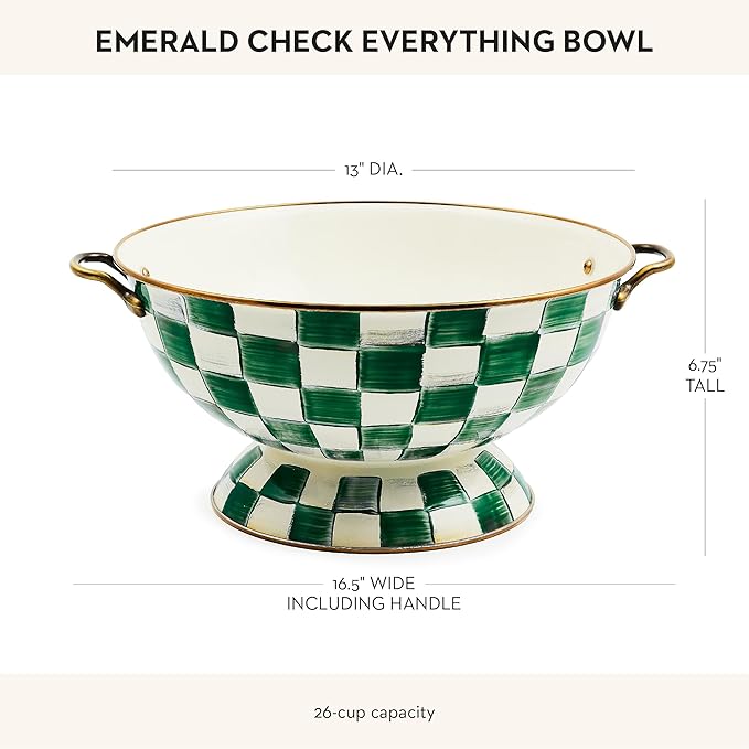 MACKENZIE-CHILDS Enamel Bowl, Serving Bowl for Entertaining, Everything Bowl, Green-and-White Emerald Check