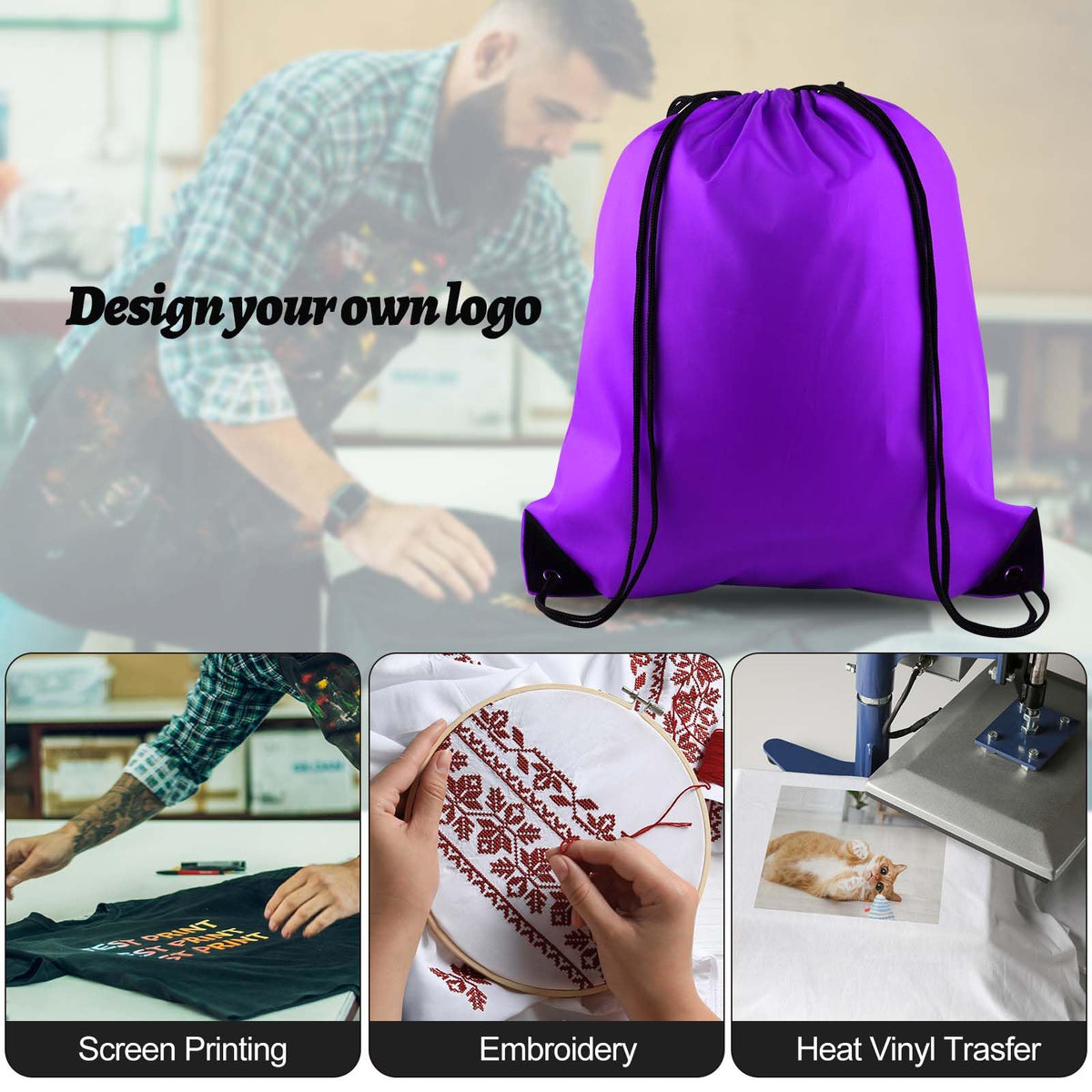 PLULON 15 Pcs Purple Drawstring Bags Drawstring Backpack Bulk, String Backpack Cinch Sack Sport Gym Backpack Bags for Yoga Traveling Outdoor Sports