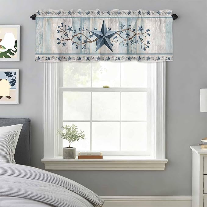 Blue Texas Star Valances for Windows, Vintage Star Berry Blue Beige Wood Grain
