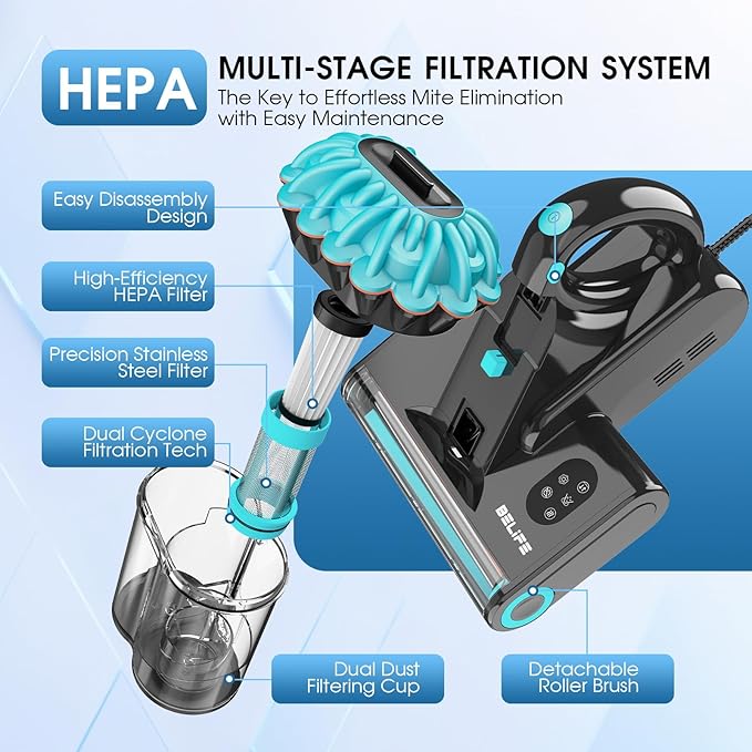 Belife M8 Mattress Vacuum Cleaner, Anti-allergen Bed Vacuum Cleaner with UV & Hot Air & High Heating, 550W 18Kpa Powerful Suction Double-Cup Handheld Vacuum for Bed, Couch, Sofa, Corded (Blue)