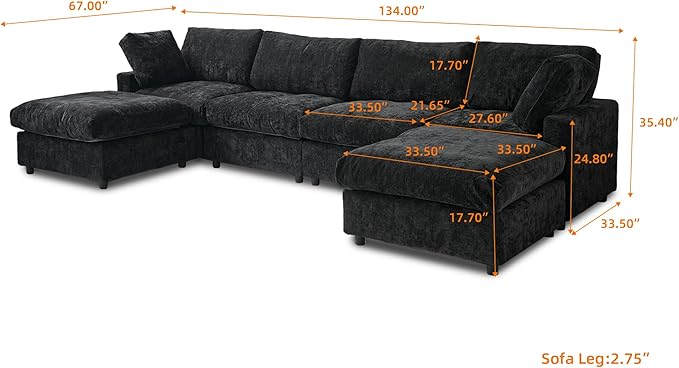 JACH U Shape Sectional Couches for Living Room, Modular Sofa with Chaise Ottomans, Cloud Sectional Couch, Sofa Covers Washable, Minimalist Couch for Living Room, Apartment, Black