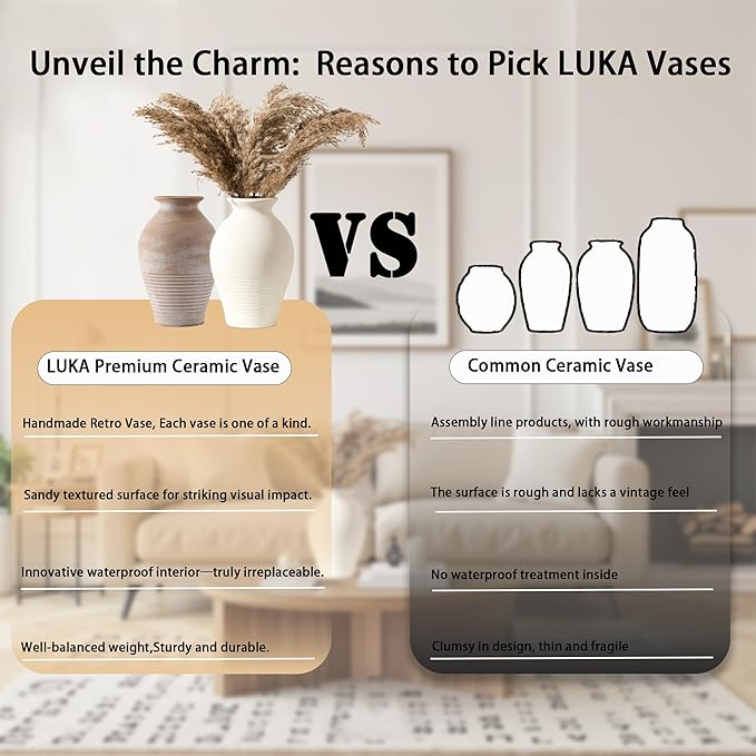LUKA Ceramic Rustic Farmhouse Vase, 9.2 inch Whitewashed Terracotta Vase, Pottery Decorative Vases,Clay Decorative Vases for Home Decor, Table, Living Room, Shelf, Mantel Decoration(Off-White)