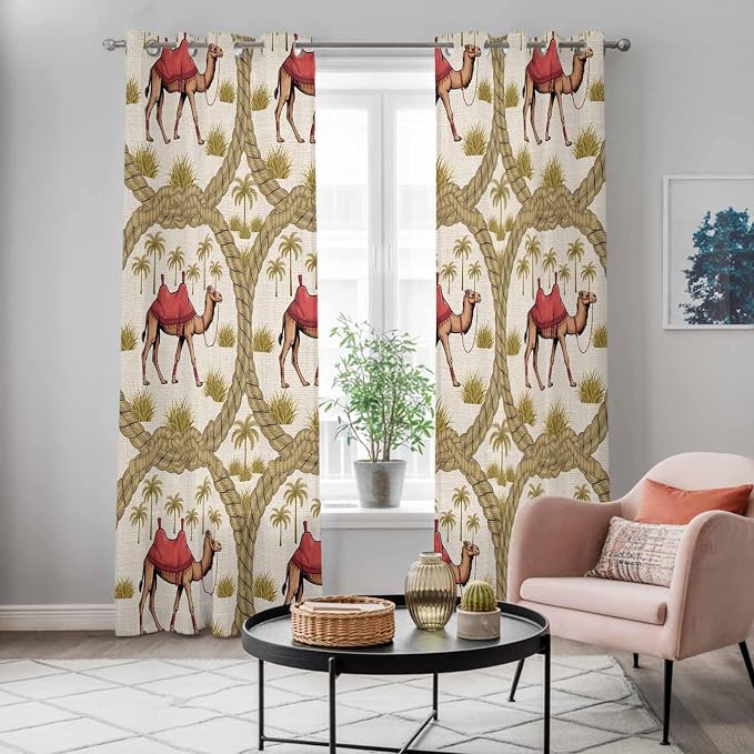 2 Panel Kitchen Cafe Curtains, Camels Palm Trees Sunlight Filtering Nature Air